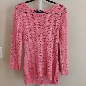 Windridge Cheryl Nash Pink Open Knit Crochet Linen Sweater Pink‎ Beach